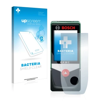 Front side of a product packaging with the brand logo upscreen. Next to it is the device Bosch PLR 50 C shown with the corresp