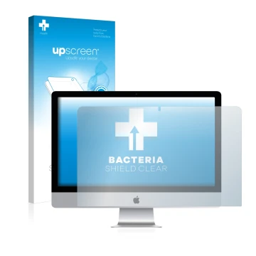 Front side of a product packaging with the brand logo upscreen. Next to it is the device Apple iMac 21.5