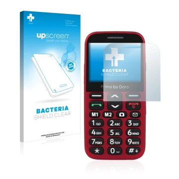 Front side of a product packaging with the brand logo upscreen. Next to it is the device Doro Primo 366 shown with the corresp