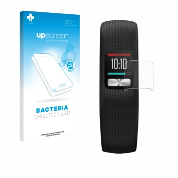 Front side of a product packaging with the brand logo upscreen. Next to it is the device Garmin Vivofit 4 shown with the corre