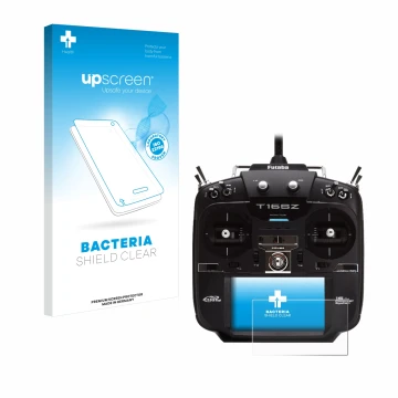 Front side of a product packaging with the brand logo upscreen. Next to it is the device Robbe Futaba T16SZ shown with the cor