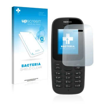 Front side of a product packaging with the brand logo upscreen. Next to it is the device Nokia 105 2017 shown with the corresp