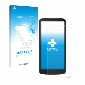 Front side of a product packaging with the brand logo upscreen. Next to it is the device Motorola Moto G6 Plus shown with the 