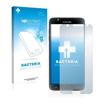 Front side of a product packaging with the brand logo upscreen. Next to it is the device Samsung Galaxy J7 Duo 2018 shown with