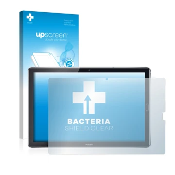 Front side of a product packaging with the brand logo upscreen. Next to it is the device Huawei MediaPad M5 10.8 shown with th