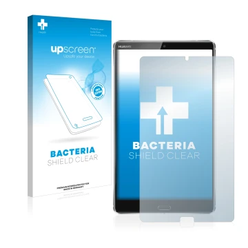 Front side of a product packaging with the brand logo upscreen. Next to it is the device Huawei MediaPad M5 8.4 shown with the
