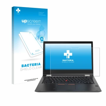 Front side of a product packaging with the brand logo upscreen. Next to it is the device Lenovo ThinkPad Yoga X380 shown with 