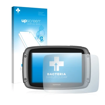 Front side of a product packaging with the brand logo upscreen. Next to it is the device TomTom Rider 500 shown with the corre