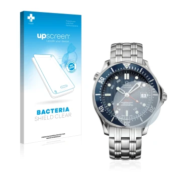 Front side of a product packaging with the brand logo upscreen. Next to it is the device Omega Seamaster Diver (41 mm) shown w