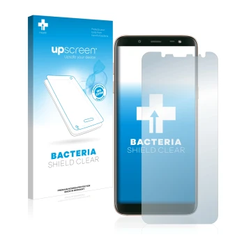 Front side of a product packaging with the brand logo upscreen. Next to it is the device Samsung Galaxy J6 2018 shown with the