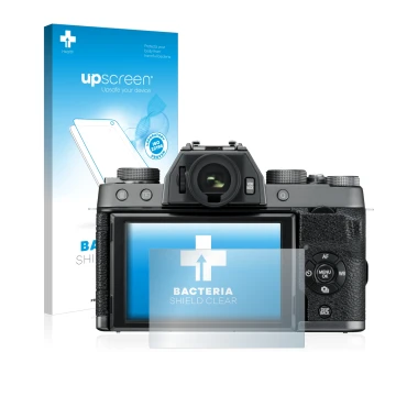 Front side of a product packaging with the brand logo upscreen. Next to it is the device Fujifilm X-T100 shown with the corres
