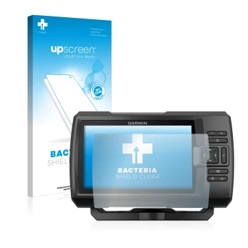 Front side of a product packaging with the brand logo upscreen. Next to it is the device Garmin Striker Plus 7cv shown with th