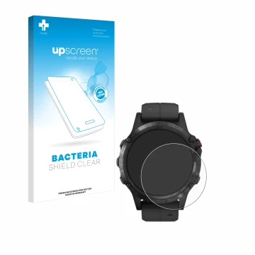 Front side of a product packaging with the brand logo upscreen. Next to it is the device Garmin Fenix 5 Plus (47 mm) shown wit