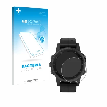 Front side of a product packaging with the brand logo upscreen. Next to it is the device Garmin Fenix 5S Plus (42 mm) shown wi