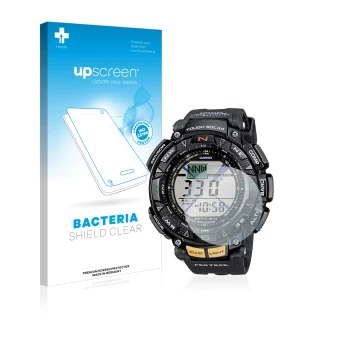 Front side of a product packaging with the brand logo upscreen. Next to it is the device Casio Pro Trek PRG-240-1ER shown with