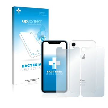 Front side of a product packaging with the brand logo upscreen. Next to it is the device Apple iPhone XR (Front+Back) shown wi