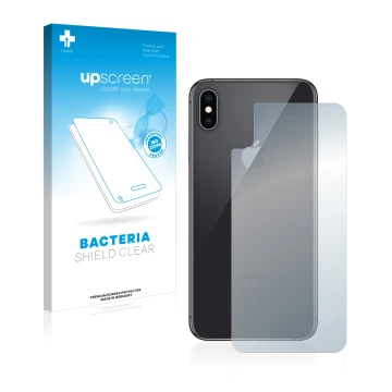 Front side of a product packaging with the brand logo upscreen. Next to it is the device Apple iPhone Xs Max (Back) shown with