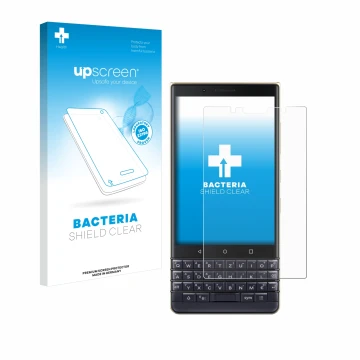 Front side of a product packaging with the brand logo upscreen. Next to it is the device BlackBerry Key2 LE shown with the cor
