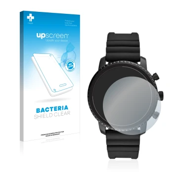 Front side of a product packaging with the brand logo upscreen. Next to it is the device Fossil Q Explorist HR (4.Gen) shown w