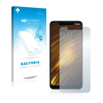 Front side of a product packaging with the brand logo upscreen. Next to it is the device Xiaomi Pocophone F1 shown with the co
