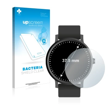 Front side of a product packaging with the brand logo upscreen. Next to it is the device Watches (Circular, ø: 37.5 mm) shown 