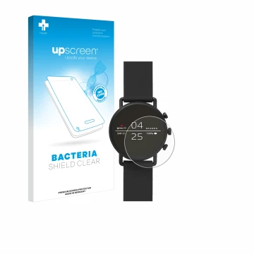 Front side of a product packaging with the brand logo upscreen. Next to it is the device Skagen Smartwatch Falster 2 shown wit