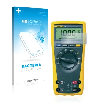 Front side of a product packaging with the brand logo upscreen. Next to it is the device Fluke MultiMeter 175 shown with the c