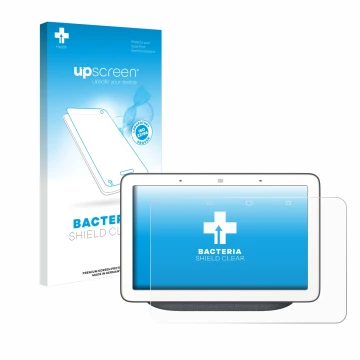 Front side of a product packaging with the brand logo upscreen. Next to it is the device Google Home Hub shown with the corres