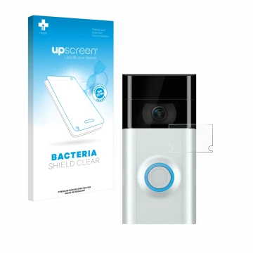Front side of a product packaging with the brand logo upscreen. Next to it is the device Ring Doorbell 2 (Lens) shown with the
