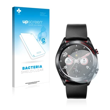 Front side of a product packaging with the brand logo upscreen. Next to it is the device Honor Watch Magic shown with the corr