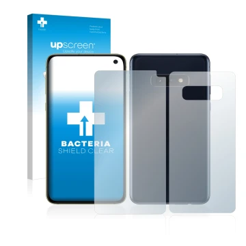 Front side of a product packaging with the brand logo upscreen. Next to it is the device Samsung Galaxy S10e (Front+Back) show