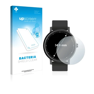 Front side of a product packaging with the brand logo upscreen. Next to it is the device Circular Displays (ø: 34 mm) shown wi