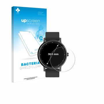 Front side of a product packaging with the brand logo upscreen. Next to it is the device Circular Displays (ø: 38 mm) shown wi