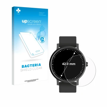 Front side of a product packaging with the brand logo upscreen. Next to it is the device Circular Displays (ø: 42 mm) shown wi