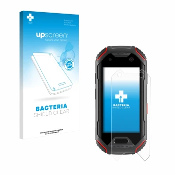Front side of a product packaging with the brand logo upscreen. Next to it is the device Unihertz Atom shown with the correspo