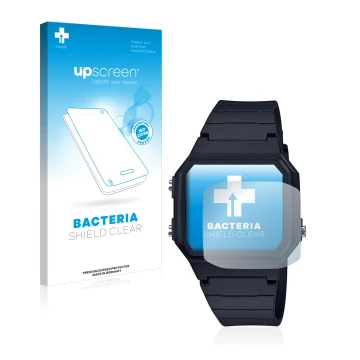 Front side of a product packaging with the brand logo upscreen. Next to it is the device Casio Unisex A168WA-1YES shown with t
