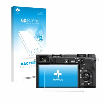 Front side of a product packaging with the brand logo upscreen. Next to it is the device Sony Alpha 6400 shown with the corres