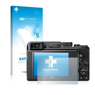 Front side of a product packaging with the brand logo upscreen. Next to it is the device Nikon Coolpix A1000 shown with the co