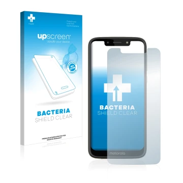 Front side of a product packaging with the brand logo upscreen. Next to it is the device Motorola Moto G7 Play shown with the 