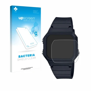 Front side of a product packaging with the brand logo upscreen. Next to it is the device Casio Unisex F-91W shown with the cor