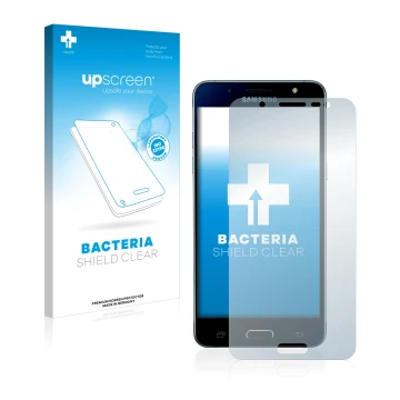 Front side of a product packaging with the brand logo upscreen. Next to it is the device Samsung Galaxy J5 2016 shown with the