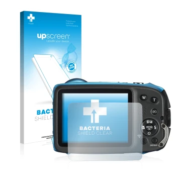Front side of a product packaging with the brand logo upscreen. Next to it is the device Fujifilm FinePix XP140 shown with the