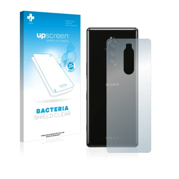 Front side of a product packaging with the brand logo upscreen. Next to it is the device Sony Xperia 1 (Back) shown with the c