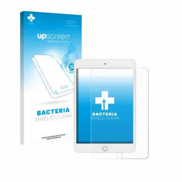 Front side of a product packaging with the brand logo upscreen. Next to it is the device Apple iPad Mini 5 2019 (5th. Gen.) sh