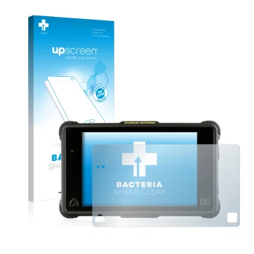 Front side of a product packaging with the brand logo upscreen. Next to it is the device Atomos Shogun Inferno shown with the 