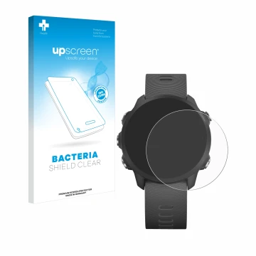 Front side of a product packaging with the brand logo upscreen. Next to it is the device Garmin Forerunner 245 Music shown wit