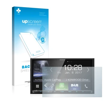 Front side of a product packaging with the brand logo upscreen. Next to it is the device Kenwood DMX7017DABS shown with the co