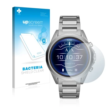 Front side of a product packaging with the brand logo upscreen. Next to it is the device Emporio Armani Connected Exchange AXT