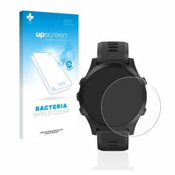 Front side of a product packaging with the brand logo upscreen. Next to it is the device Garmin Forerunner 945 shown with the 