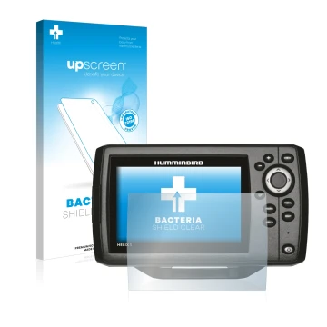 Front side of a product packaging with the brand logo upscreen. Next to it is the device Humminbird Helix 5 shown with the cor